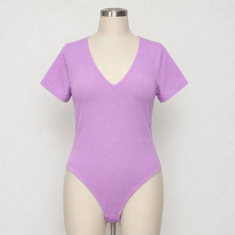 Mangdiup Women Purple V-Neck Short Sleeve Bodysuit Lilac Size Large